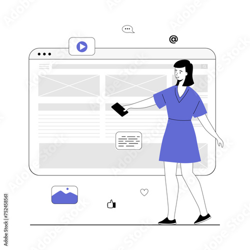 Team producing high quality content. Woman and man creating content for a website, blog and social media. Vector illustration with line people for web design.