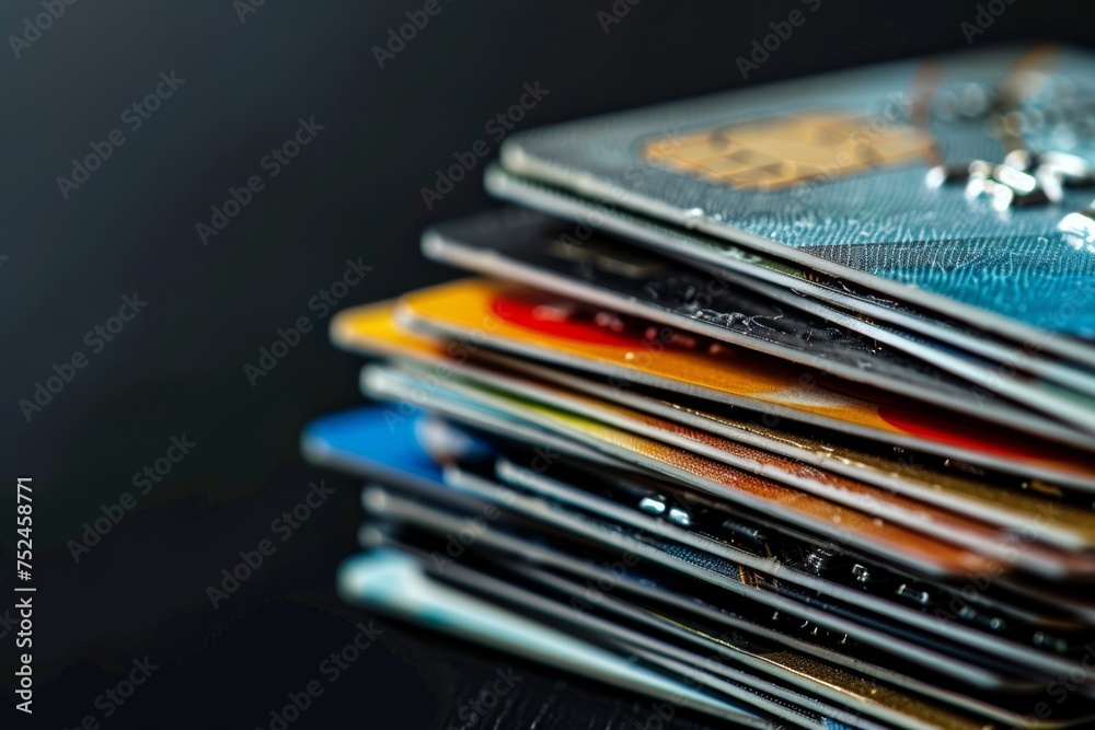 stacked different credit cards, dark, no background stacked different credit cards, dark, no background