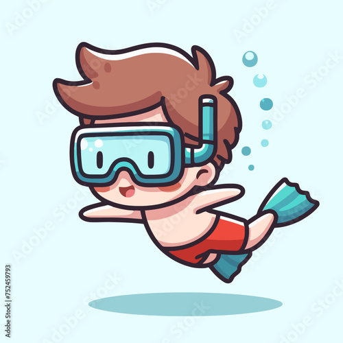 Simple Cartoon of Cute Swimming Little Boy