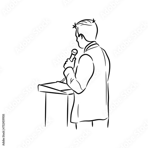 Politician man doing a speech standing with microphone and podium, line hand drawn skech vector illustration