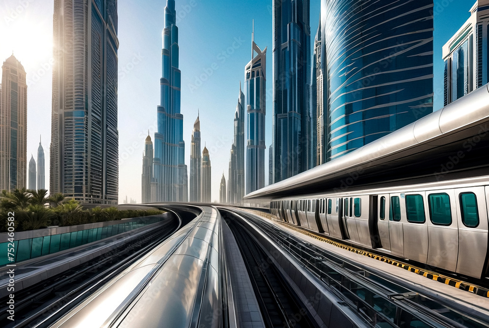 Subway of Dubai view among glass skyscrapers in business district, urban background. Wallpaper of metropolitan city metro in arabic desert country. Public transportation concept. Copy ad text space