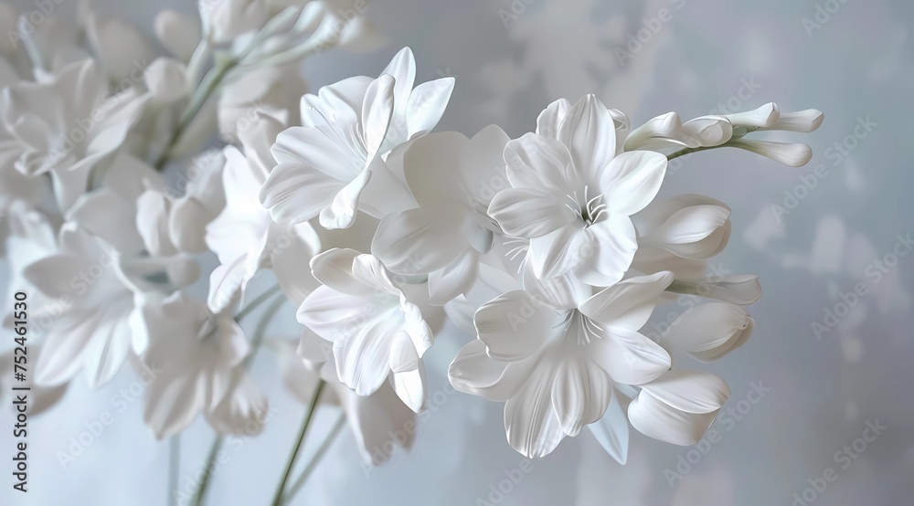 Luxury premium background design with realistic white flowers. Sunny horizontal template for banner, premium invitation, prestigious gift certificate. Nature Concept.