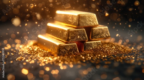 A stack of pure gold bars in gold dust on a black background. The concept of business and finance