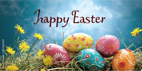 Easter colorful eggs and flowers, blue background. Text  "Happy Easter".