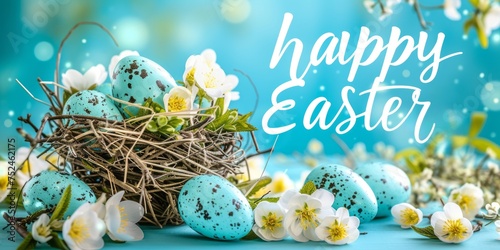 Easter colorful eggs and flowers, blue background. Text  "Happy Easter".