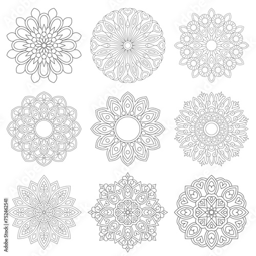 9 Set Simple Quality Mandala For Coloring book Design