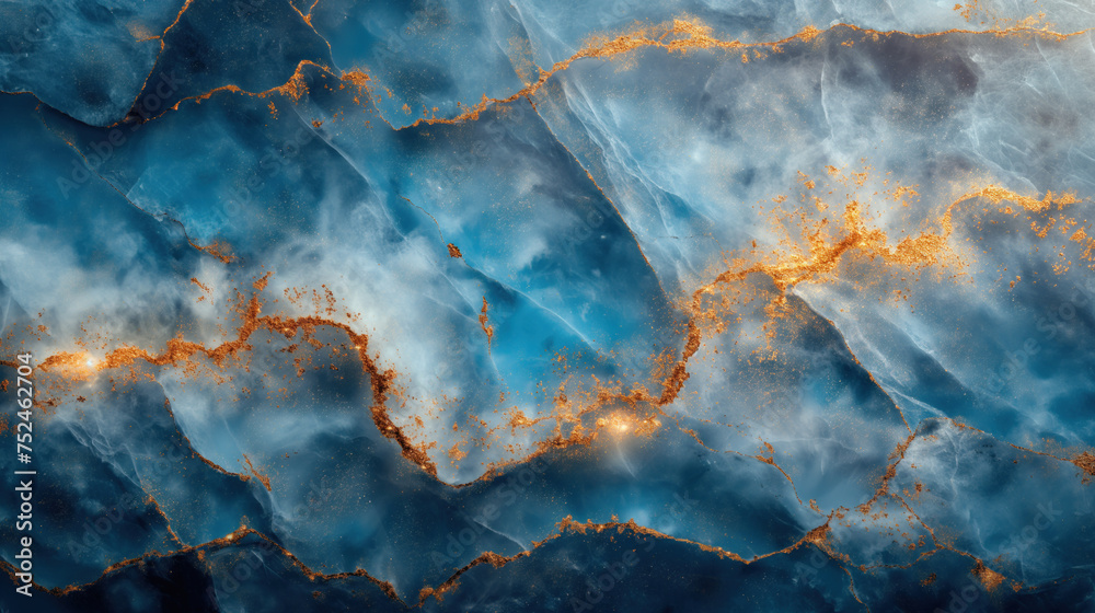 Obraz premium This close-up showcases the intricate pattern of a blue and gold marble against a natural background, Generative AI