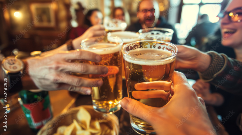 Group of Friends Toasting with Beer Glasses in a Pub