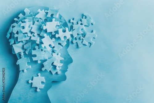 Puzzle in a shape of human head losing pieces as brain damage or loss memory on blue background