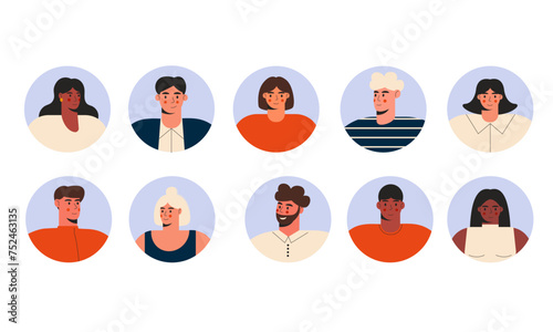 Circle avatars with different person. Diverse men and women portraits. Cartoon characters. User avatars.