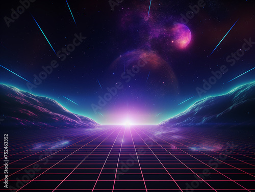 Futuristic retro landscape of the 80`s. Vector futuristic illustration of sun with mountains in 90s retro style. Digital Retro Cyber Surface. Suitable for design in the style of the 1980`s. photo