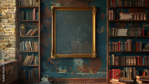 A vintage-inspired 3D wall frame mockup in distressed bronze against an antique library backdrop, providing a classic space for showcasing literary quotes or vintage photographs.