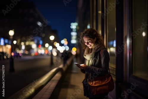 Happy young woman reading messages on smartphone in a vibrant night city
