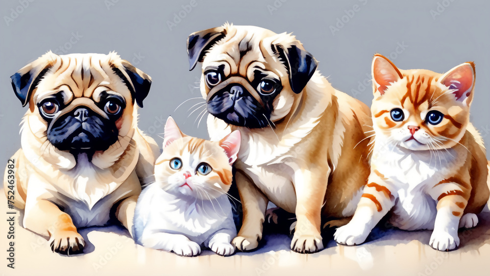 Cute two pug puppies and two tabby kittens resting side by side on a gray background. AI created.