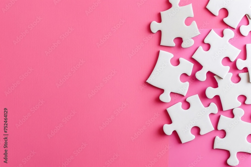 Top view of pieces of puzzle on pink background Top view of pieces of puzzle on pink background