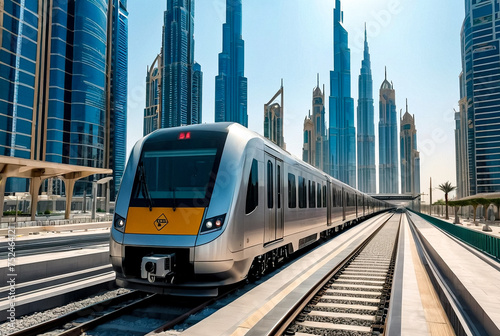 Train on railway of Dubai subway at glass urban skyscrapers backdrop in business district. Wallpaper of metropolitan city metro in desert arabic country. Public transport concept. Copy ad text space