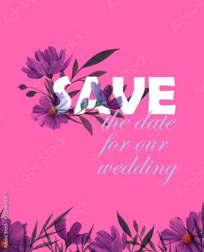 Save the date, wedding invitation in the botanical style, card template design with watercolor flowers and leaf. Pink and blue background