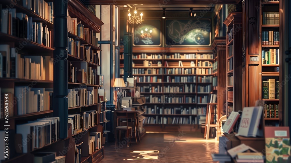A large library with many books on shelves and tables A large library with many books on shelves and tables
