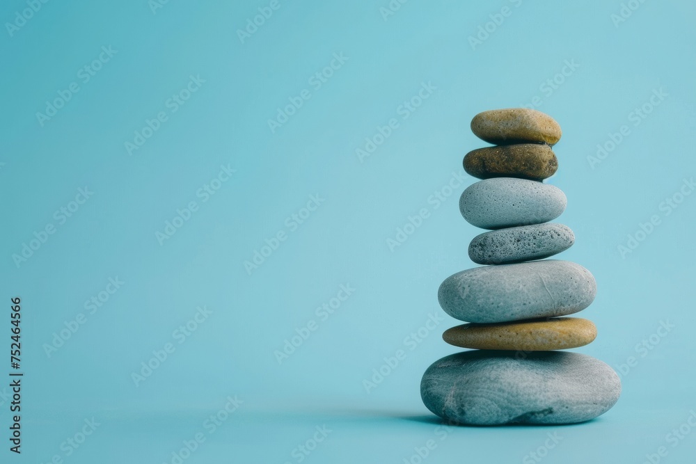 Zen-like stack of smooth pebbles against a tranquil blue background, representing balance and harmony.
Zen-like stack of smooth pebbles against a tranquil blue background, representing balance and harmony.