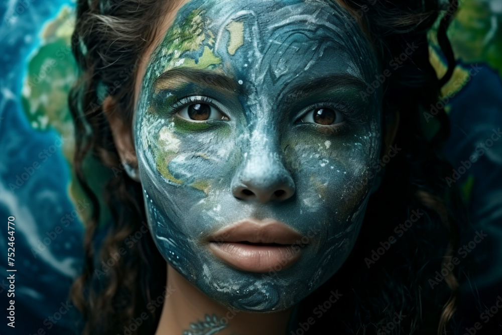 Generated AI picture of woman with face painted world map continents and sea Generated AI picture of woman with face painted world map continents and sea