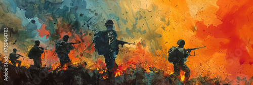 Soldiers run through the war zone with their weapons drawn, fire in the background, painting photo