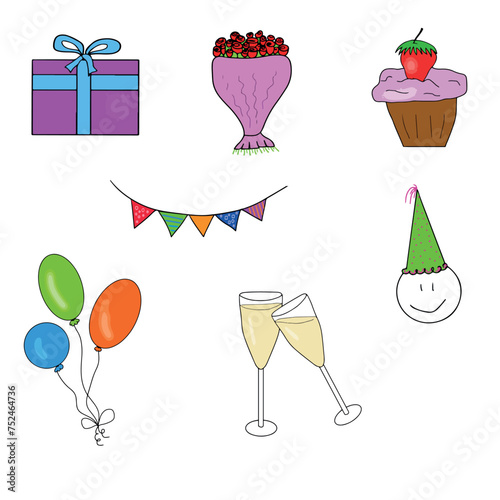 A set of vector sketches - holiday, party (bouquet of flowers, gift, cake, champagne, balloons, decorations)
