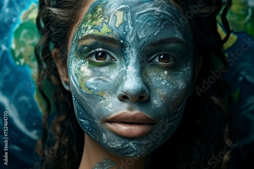 Generated AI picture of woman with face painted world map continents and sea