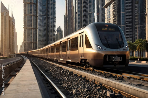 Train on railroad of Dubai subway in business district at urban skyscrapers background. Wallpaper of city metropolitan metro in desert arabic country. Public transportation concept. Copy ad text space