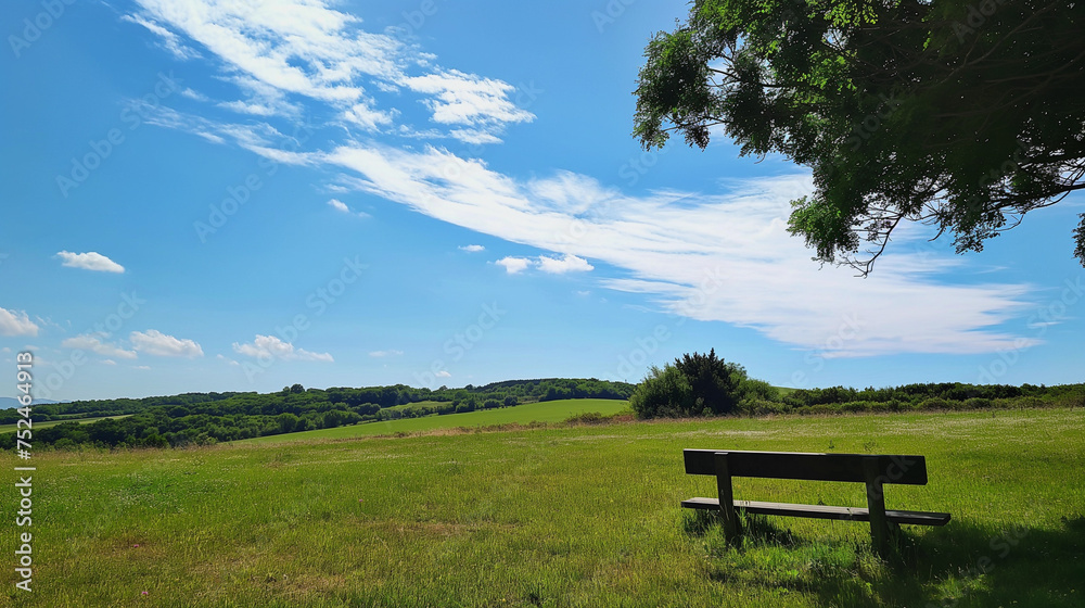A serene, sunlit view of a wooden bench overlooking a verdant meadow under a vibrant blue sky with wispy clouds.