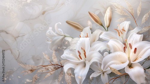 flowers pink lilies composition on a marble background copy space template for text  Generative AI