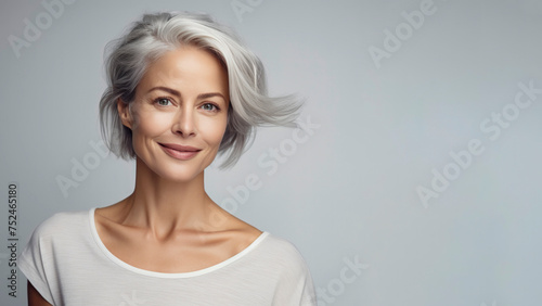 Elderly woman with smooth healthy facial skin on gray background. Aging mature woman with short gray hair, happy face. Concept of advertising beauty and cosmetics for women's skin care. Copy space.