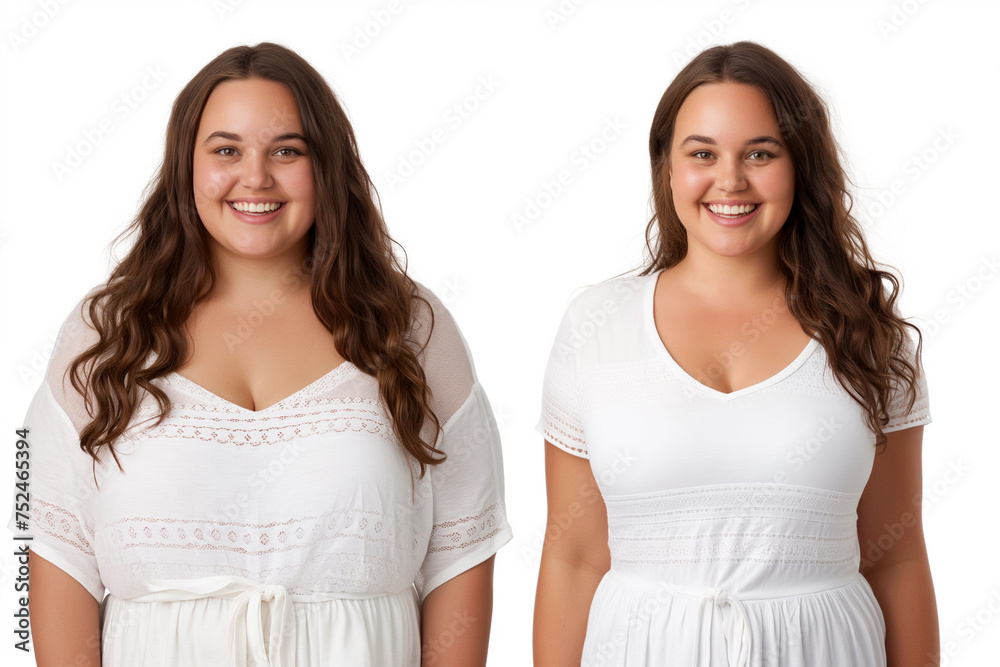 Woman posing before and after weight loss. Diet and healthy nutrition. Fitness results, get fit. Liposuction results, plastic surgery. Transformation from fat to athlete. Overweight and slim, training Woman posing before and after weight loss. Diet and healthy nutrition. Fitness results, get fit. Liposuction results, plastic surgery. Transformation from fat to athlete. Overweight and slim, training