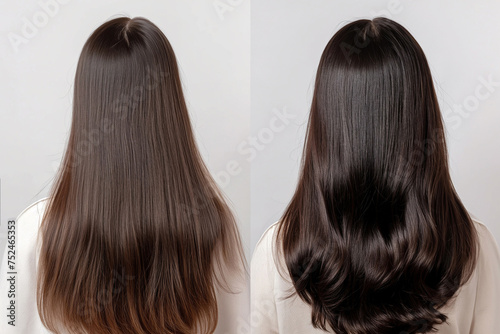Woman before and after hair treatment. Professional salon hair care, extensions, oil treatment, coloring, styling. Hair growth, keratin. Showing the amazing results of hair restoration procedure