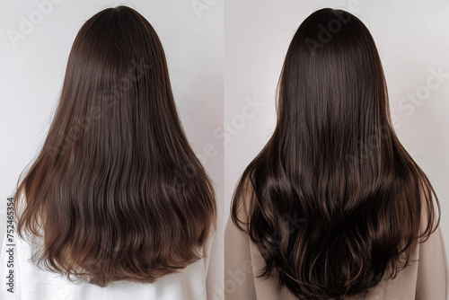 Woman before and after hair treatment. Professional salon hair care, extensions, oil treatment, coloring, styling. Hair growth, keratin. Showing the amazing results of hair restoration procedure