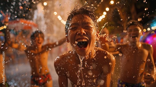 Boisterous laughter fills the air as young boys revel in the electrifying moments of a water festival  illuminated by warm lights  Songkran.