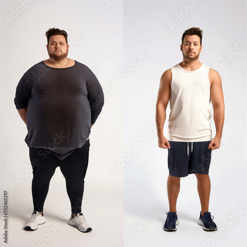 Man posing before and after weight loss. Diet and healthy nutrition. Fitness results, get fit. Liposuction results, plastic surgery. Transformation from fat to athlete. Overweight and slim, training photo