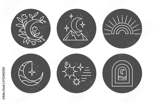 Set of mystical icons, moon, sun, stars, flowers, hands. Line art. Vector © Tatiana