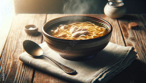 A hot chicken broth with noodles is a delicious meal for lunch
