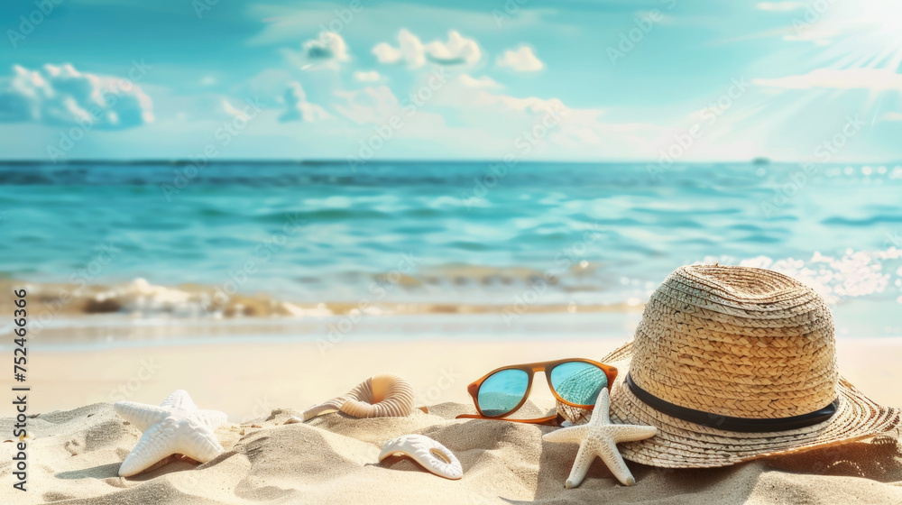 Summer holiday background with straw hat, sunglasses, seashell and starfish on the sunny sandy beach Summer holiday background with straw hat, sunglasses, seashell and starfish on the sunny sandy beach
