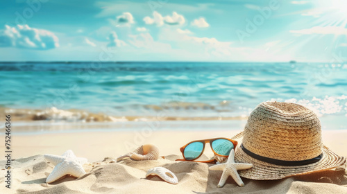 Summer holiday background with straw hat, sunglasses, seashell and starfish on the sunny sandy beach