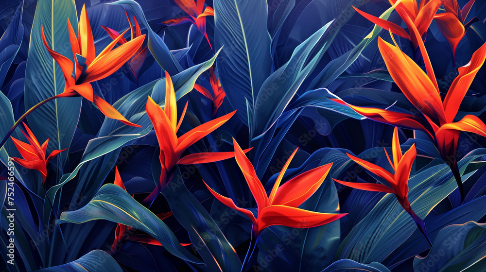 Strelizia background: Lush green leaves, blooming flowers, and intricate details bring the tropical setting to life on canvas. - obrazy, fototapety, plakaty 
