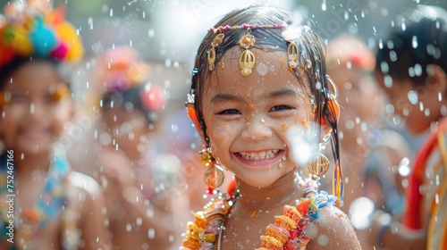 Joyful young girl with water droplets on her face during traditional festival celebrations, surrounded by vibrant colors, Songkran. © Laphatrada