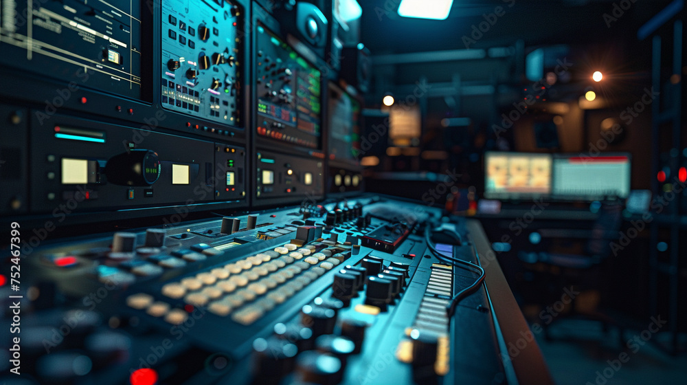 Close up at switcher buttons in broadcast control room, audio and video production at tv station Close up at switcher buttons in broadcast control room, audio and video production at tv station