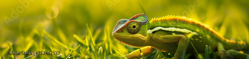 Camaleão amarelo na grama verde - Panorâmico 