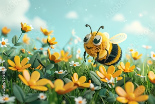  A cartoon minimalist bee encrypting flowers in a digital garden