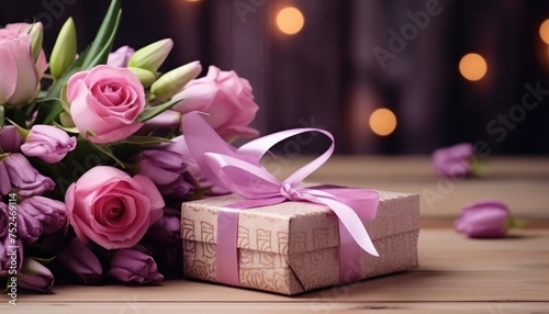 Mother's day greeting card.Birthday gift box with flowers on wooden table © Rehman