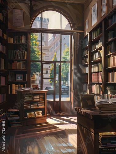 A library with a window that lets in sunlight
