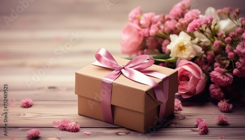 Mother's day greeting card.Birthday gift box with flowers on wooden table © Rehman