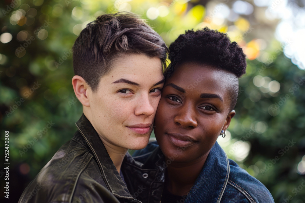 Two women in a close pose with soft smiles, captured with a shallow depth of field creating a blurred background effect Two women in a close pose with soft smiles, captured with a shallow depth of field creating a blurred background effect