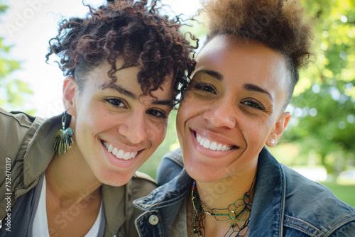Image of two cheerful women with curly hair smiling at the camera, with a vibrant green background that highlights their joy